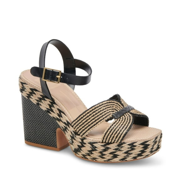 Dolce Vita Women's Cale-937 Heeled Sandal, Black/Natural Raffia, 7