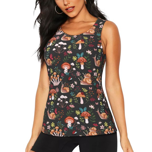 Fotbe Mushroom With Snails Blusas Sin Mangas para Mujer – Estilo Casual, Corte Suelto, Slim-Fit, Cuello Redondo Deportivo, Tops de Verano para Gimnasio y Yoga-X-Large