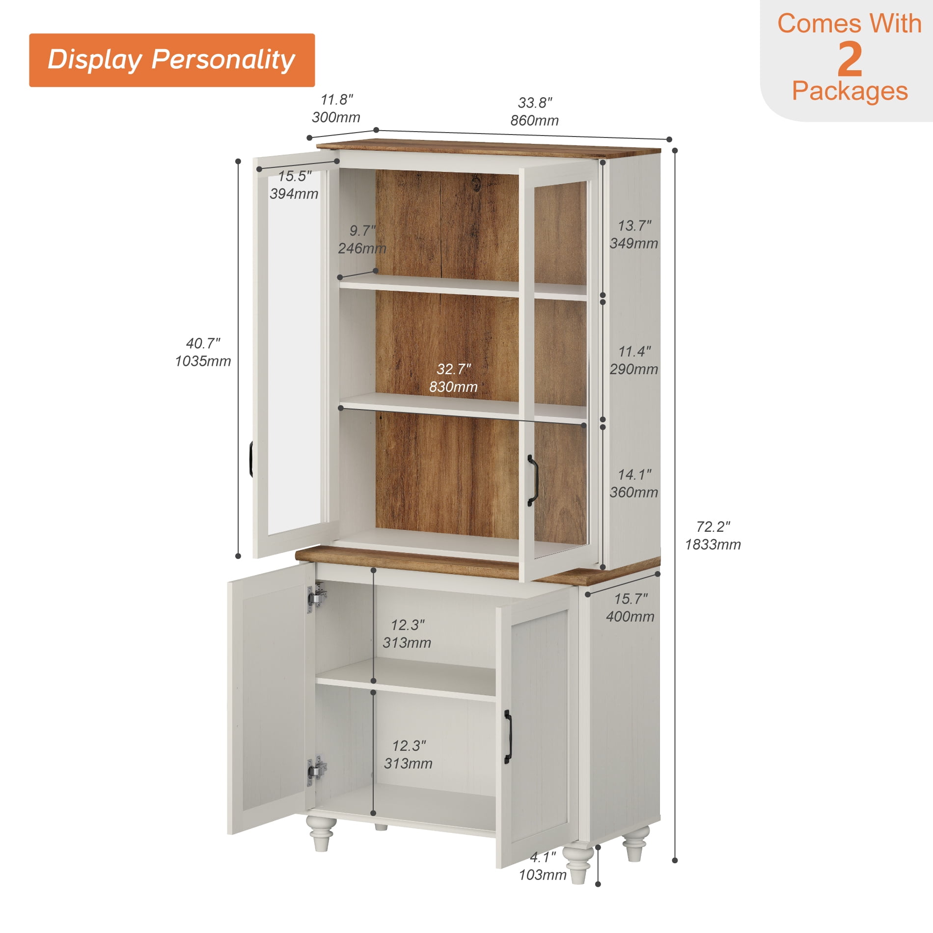 72.1"H × 33.9"W Large Farmhouse Wooden Bookcase with Glass Doors & Shelves, Storage Cabinet Bookcase for Living Room, Bedroom, Home Office & Kitchen, White