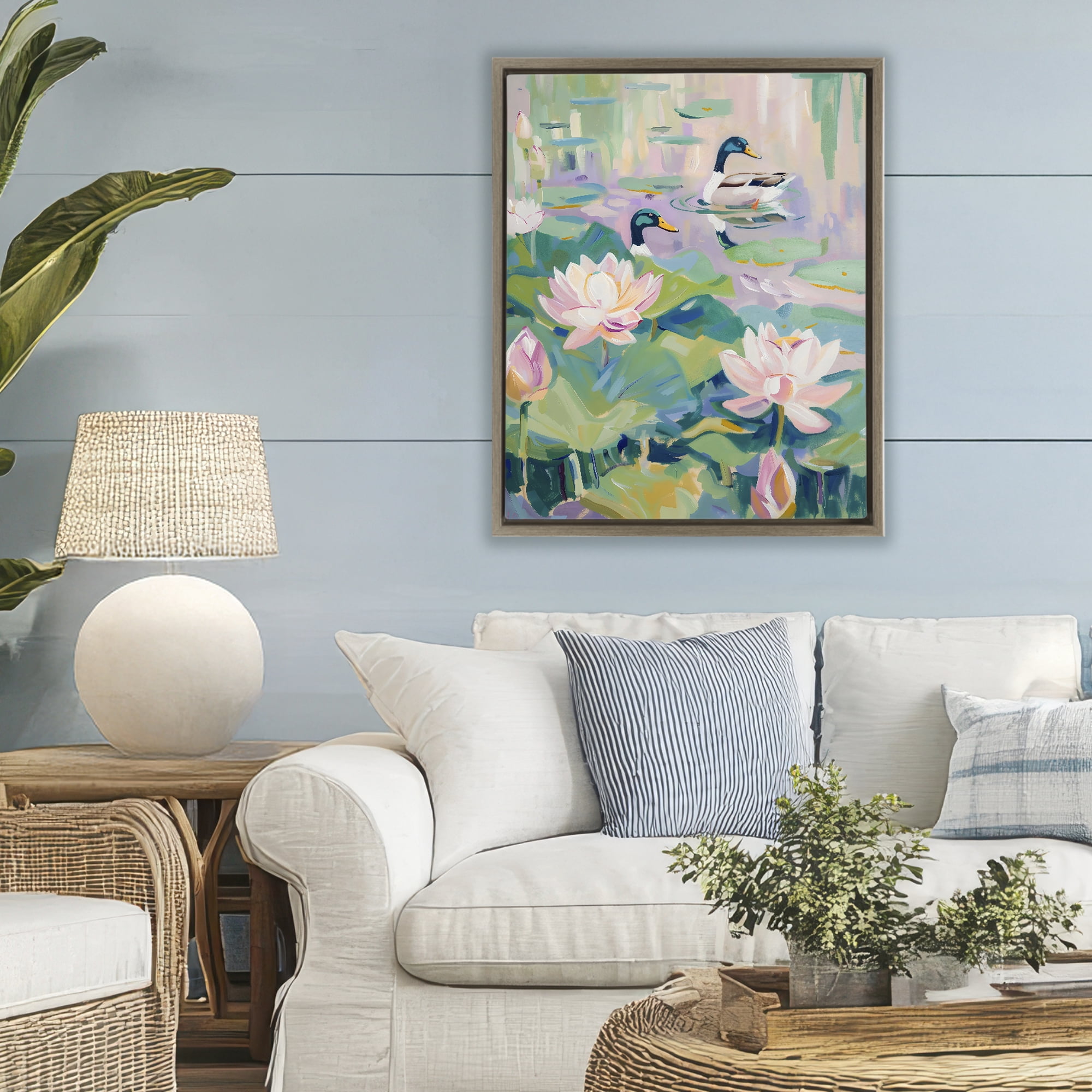 Stupell Industries Duck Pond with Lotus Flowers Brown Framed Floater Canvas Wall Art, design by The Prints Vibe