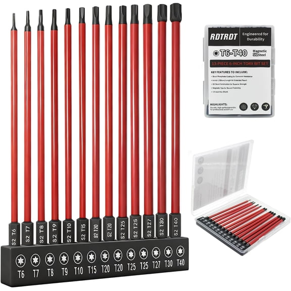 MKEUDQ-13-Piece Long Torx Bit Set, 6-Inch (150mm), Magnetic Torx Screwdriver Set (T6-T40), Magnetic S2 Steel, 1/4" Hex Shank, CNC Precision Tips for Impact Drivers, Drills, and Screwdrivers