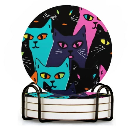 

BaHomeck Drink Coasters Set of 4 with Holder vibrant pattern of neon-colored cats with large eyes Water Absorbent Ceramic Coasters Tabletop Protection Suitable for Various Cup Home Decor