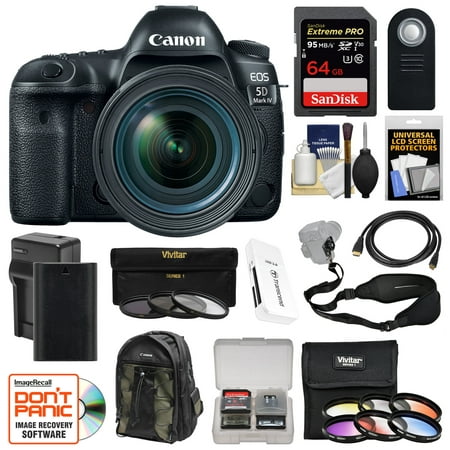 Canon EOS 5D Mark IV 4K Wi-Fi Digital SLR Camera + EF 24-70mm f/4L IS USM Lens + 64GB SD Card + Battery + Charger + Backpack + 9 Filters + Strap (Best Sd Card For Canon 5d Mark Iv)