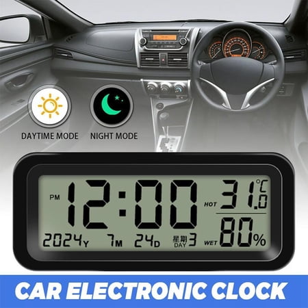 S78 solar-powered car clock with temperature & humidity display, auto-luminous digital clock for dashboard, dual backlight colors, usb-c charging, 12/24h format