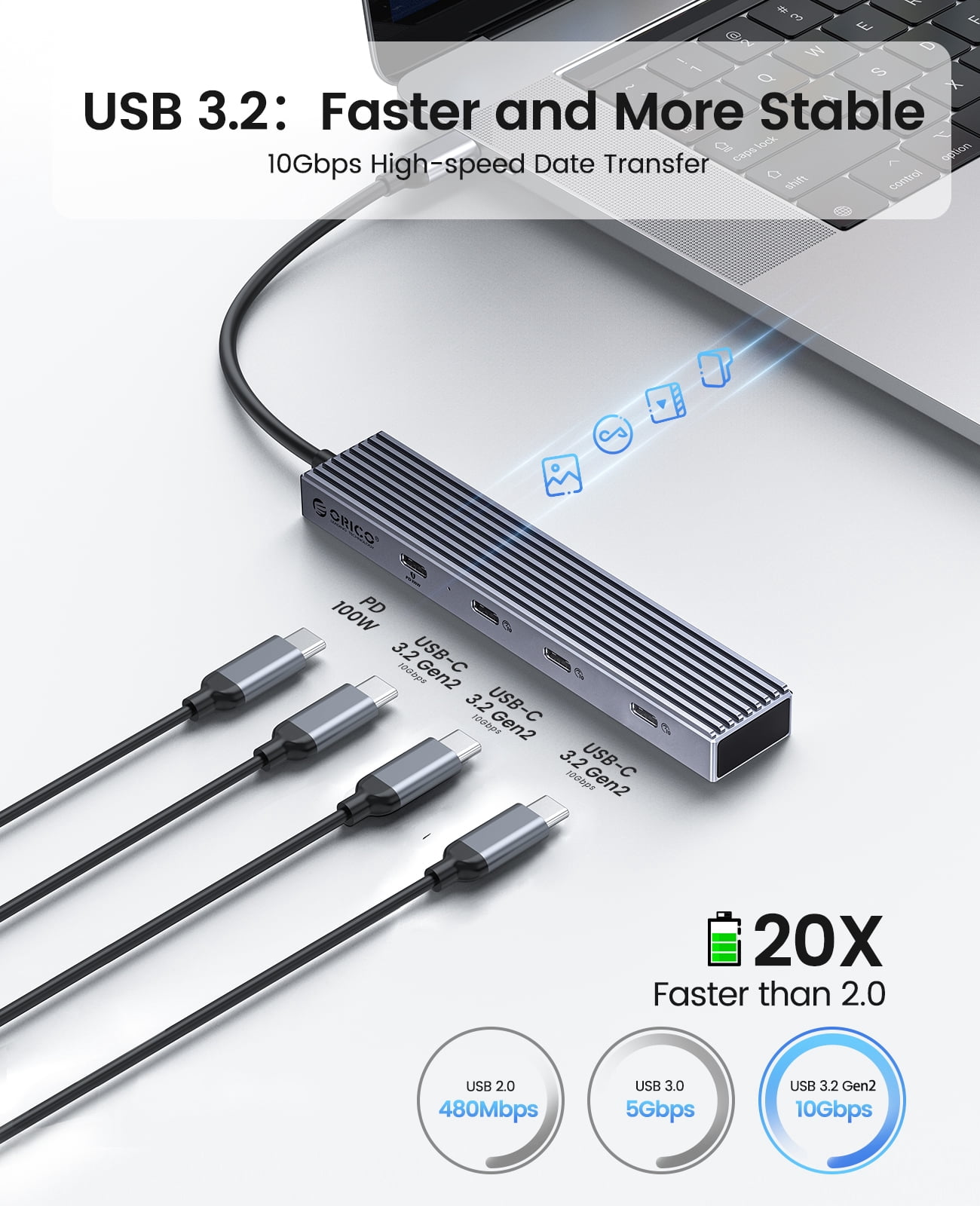 ORICO 4 in 1 HUB C Hub USB-C Adapter with 3 USB3.2 Gen2 10Gbps Type-C+1 100W PD Ultra-Slim usb splitter for laptop for MacBook, Mac Pro, Mac mini, iMac, Surface Pro, XPS, PC, Flash Drive, Mobile HDD