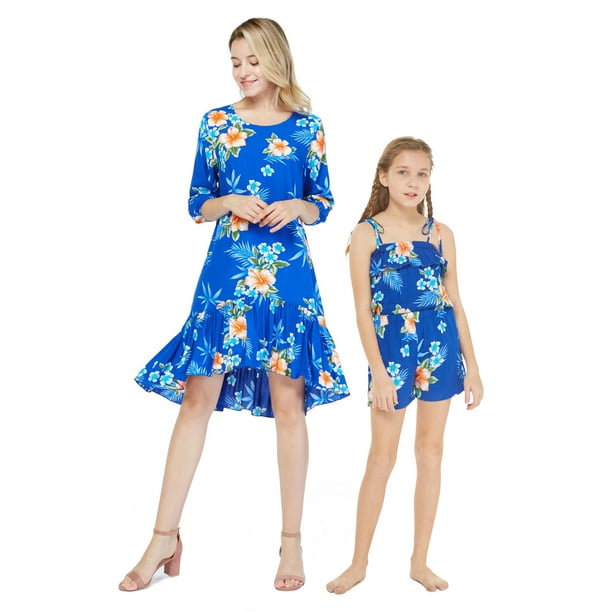 Matching Mother Daughter 3/4 Sleeve Ruffle Dress and Romper in Hibiscus Blue Matching Mother Daughter 3/4 Sleeve Ruffle Dress and Romper in Hibiscus Blue