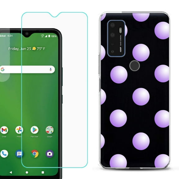 Slim-Fit Gel TPU Phone Case for Cricket Dream 5G, with Tempered Glass Screen Protector, by OneToughShield ® - Polka Dot / Purple