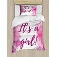 thumbnail image 1 of Gender Reveal Duvet Cover Set Twin Size, Hand Written Look Its a Girl Text Watercolor Splash Frame Pink Tones Print, Decorative 2 Piece Bedding Set with 1 Pillow Sham, Multicolor, by Ambesonne, 1 of 3