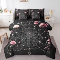 jejeloiu Spider Webs Bedding Comforter Set 7pcs,Pink Flower Rose Queen Bedding Sets,Rustic Farmhouse Cabin Queen Sheet Sets For Girls,Luxury Bedroom Decor Reversible