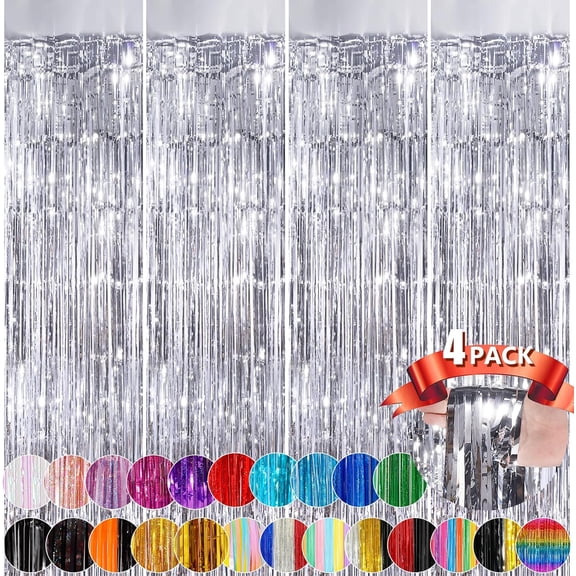 Silver Metallic Tinsel Foil Fringe Curtains, 4 Pack 3.3x8.3 Feet Streamer Backdrop Curtains for Birthday Party Decorations, Halloween Decor, Foil Curtain Backdrop for Bachelorette Party