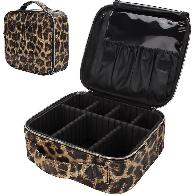 Bolsa de cosméticos de viaje con estampado de leopardo, de piel sintética, organizador con divisores ajustables para mujeres y niñas