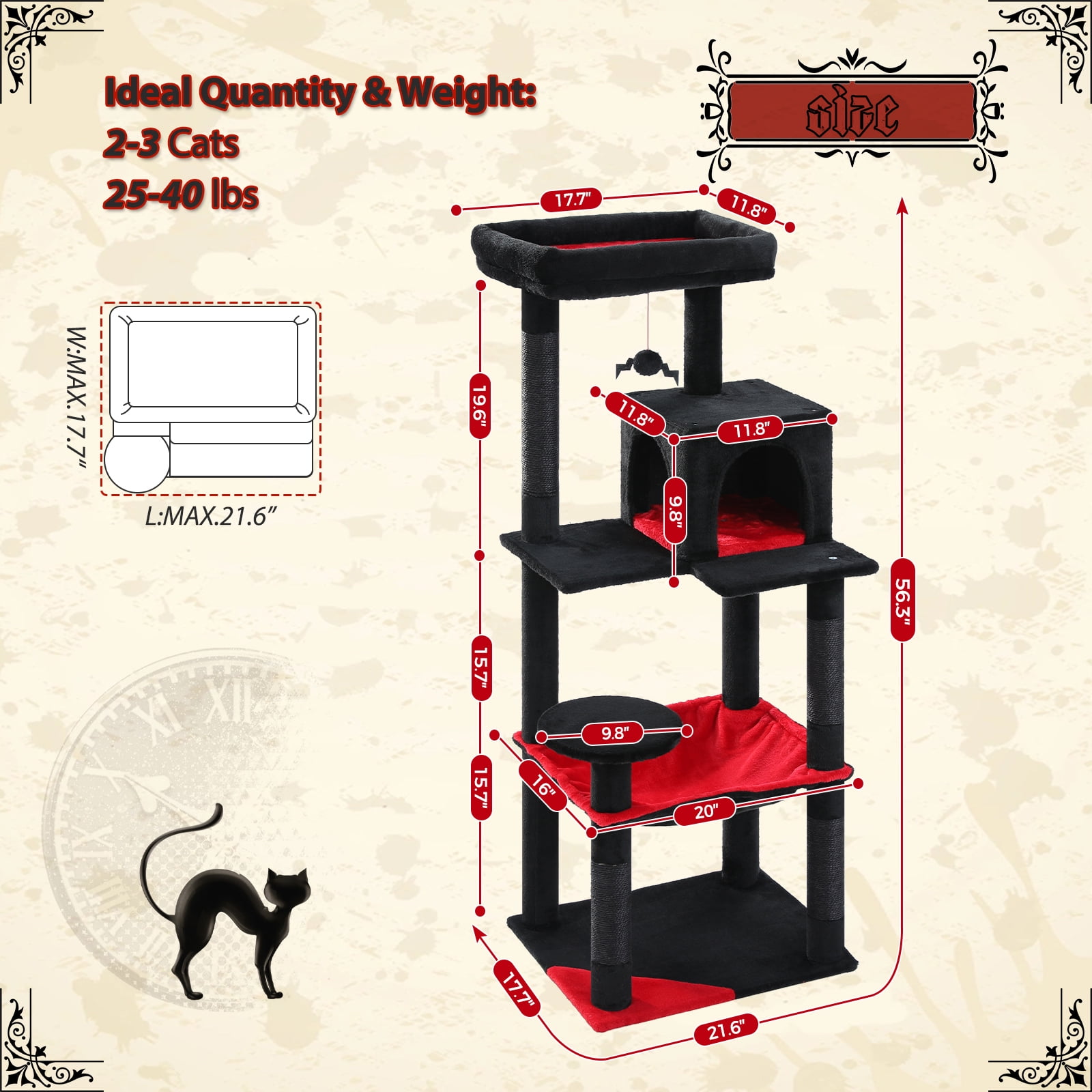 Kadyn 56" Wood Cat Tree Tower for Large Cats, Cat Tree House for Indoor Cats with Cozy Cat Condo, Super Large Hammock and Plush Perches, Black