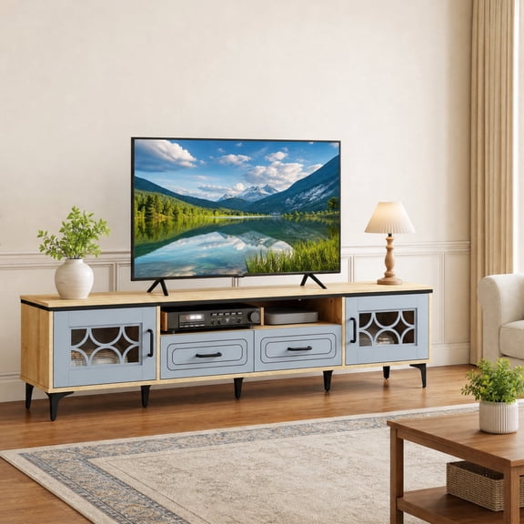 Farmhouse Entertainment Center with 2 Drawers& 2 Doors, TV Stand for TVs up to 80 Inch for Living Room,Oak & Gray