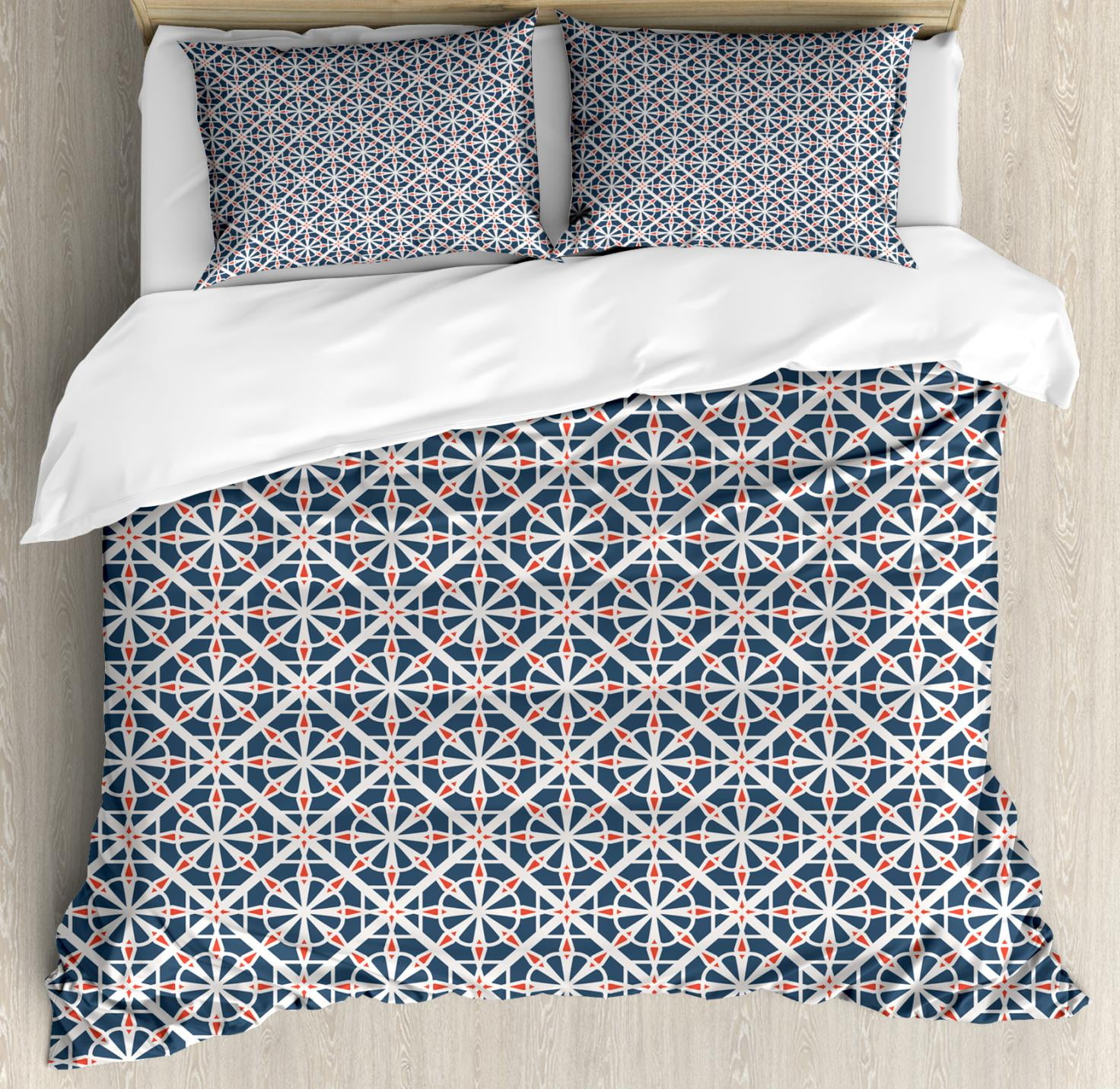 Geometric Duvet Cover Set Shapes Checd Fl Ancient Middle Eastern Style Decorative Bedding With Pillow Shams Cadet Blue