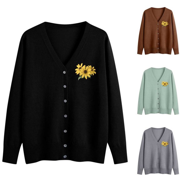 Hfnxid Cardigan Sweaters for Women Embroidered Button Down V-Neck Sweater Soft Lightweight Knit Coat Solid Casual Open Front Tops Brown S