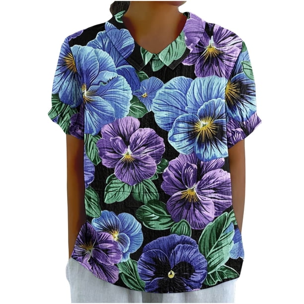 Blusas de Manga Corta para las Mujeres Cuello de Muñeca Lindo Lino Algodón, Impreso Suelto Camiseta para el Uso Casual, Diario Y de Verano