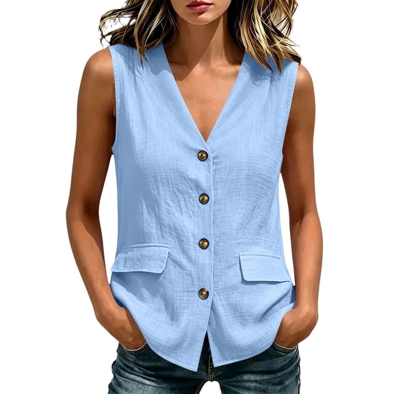 Pumxq 2026 Summer Women's Sleeveless Linen Vest Tops - V-Neck Fully-Lined Breathable Lightweight Office Casual Pockets Blue L