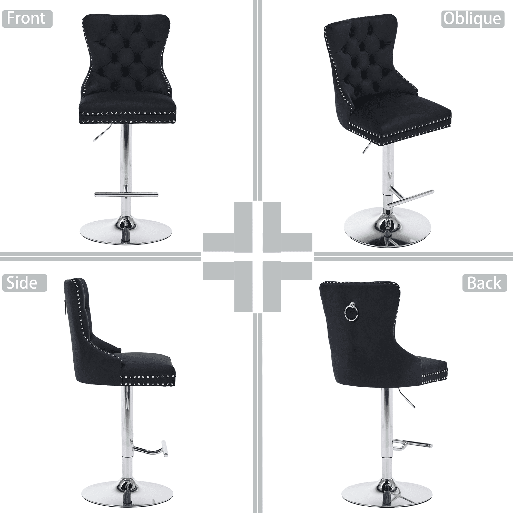2-Piece Velvet Swivel Bar Stools, Adjustable Counter Height Dining Bar Chairs with Tufted Backrest and Nailhead Trim for Kitchen Island （Black with Silver Leg）