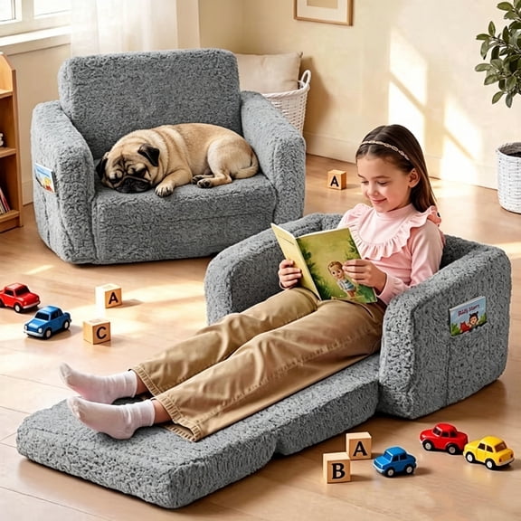 Kids Sofa,Foldable 2 in 1 Kids Couch,Toddler Chair Baby Convertible Sofa for Boys and Girls ,Gray