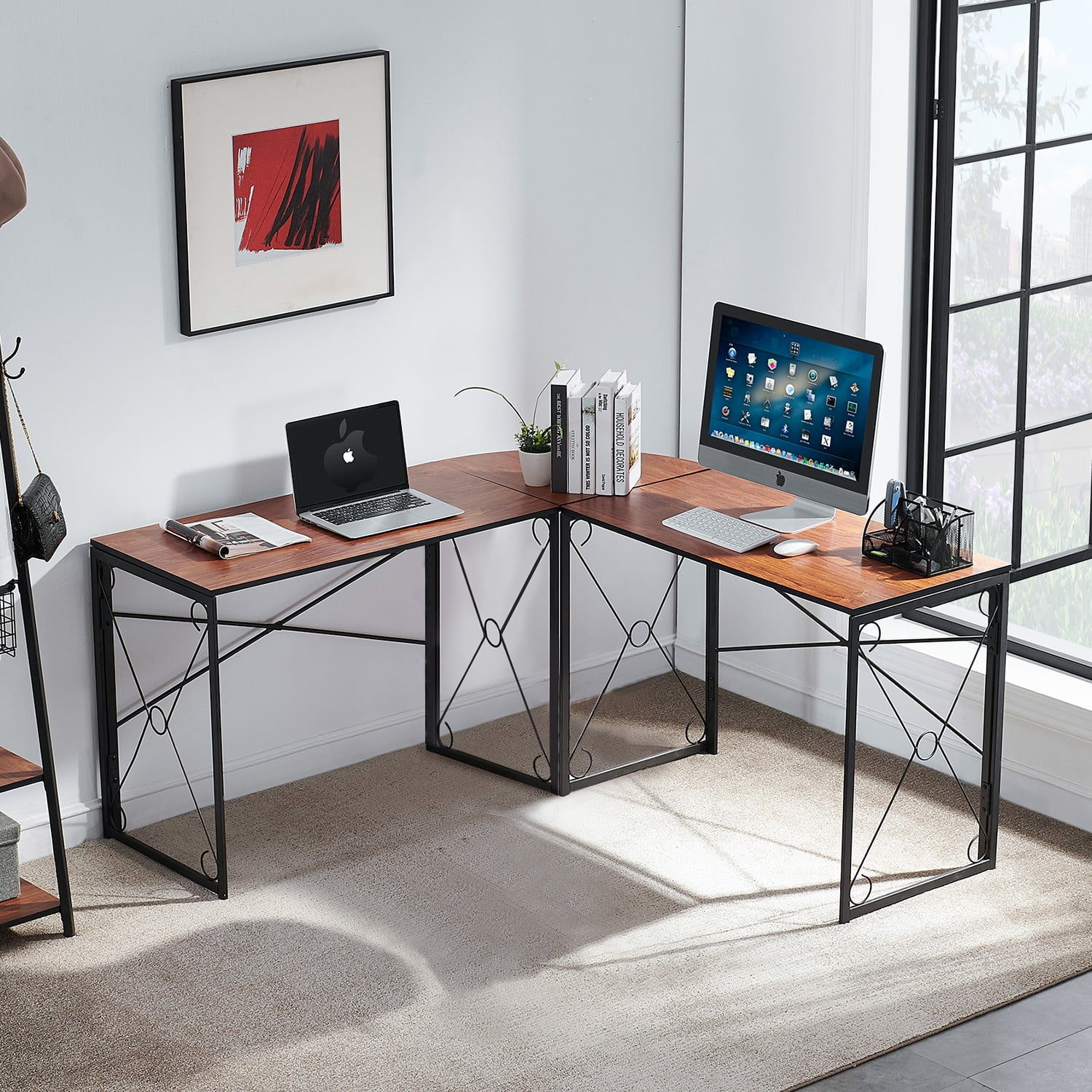 VECELO L Shaped Computer Desk, Corner Computer Desk, Sturdy Home Office Folding Office Table for Small Space, Writing Desk, Gaming Desk Workstation, Brown