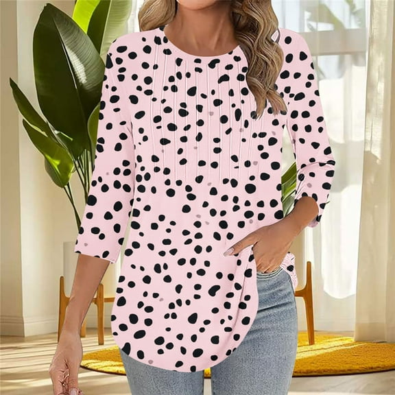 HOMBOM 3/4 Sleeve Women Blouses Crew Neck Pink Blouse Basic Front Pleated Polka Dot Blouse