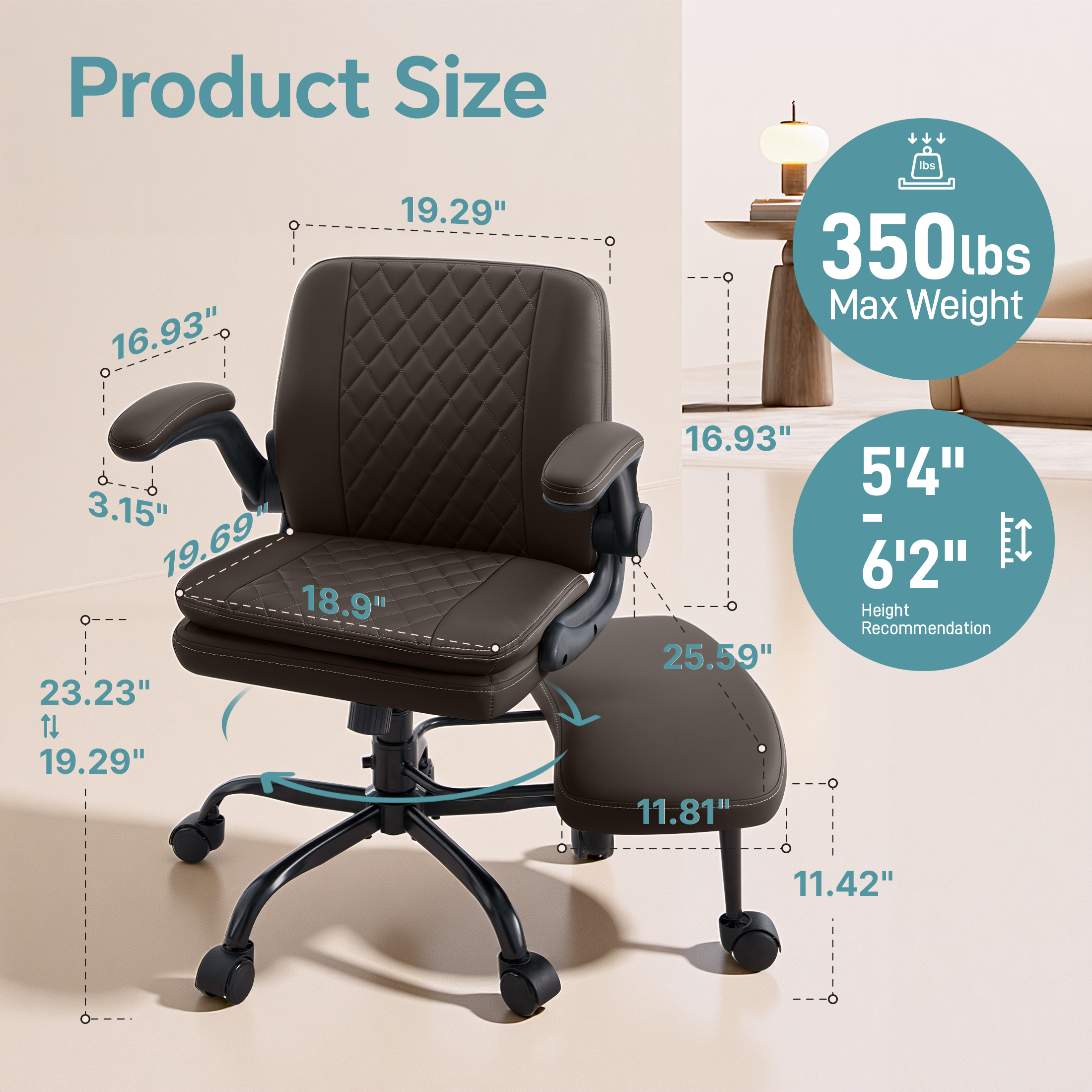 Dhole High Back Ergonomic Office Chair - Adjustable Swivel Chair with Lumbar Support, Flip-Up Arms, Retractable Footrest & Brown Diamond PU Leather for Home Office Desk-Brown