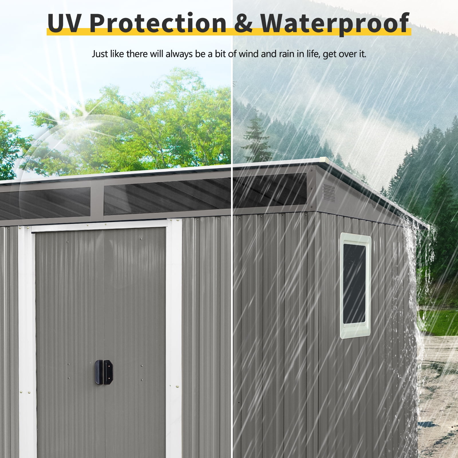 Kosynda 8' x 6' Outdoor Storage Shed with Window, Metal Tool Storage House with Transparent Plate and Lockable Sliding Door for Garden, Lawn, Backyard, Outdoor (Gray)