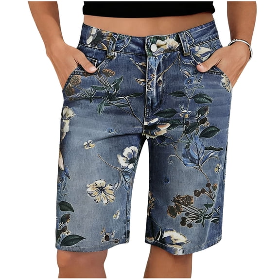 QSAWXQZ Women's Floral Print Denim Shorts Mid Thigh Length Casual High Waisted Stretchy Soft Summer Beach Vacation Jean Shorts with Pockets XL