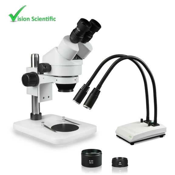 Vision Scientific VS-1EZ-IHL20 Binocular Zoom Stereo Microscope, 10x WF Eyepiece, 0.7x—4.5x Zoom, 3.5x—90x Magnification, 0.5x & 2x Aux Lens, Pillar Stand, LED Gooseneck Dual Light with Control