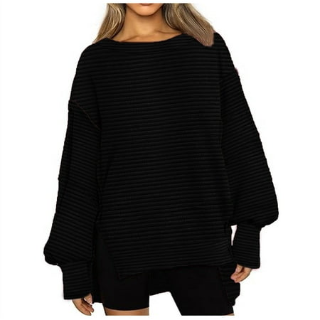 Scyoekwg Fall Sweatshirts for Women Crewneck Side Slit Tunic Sweatshirt Pullover Tops Trendy Dressy Casual Loose Long Sleeve Solid Color Fall Winter Clothes Pullover(Black L)