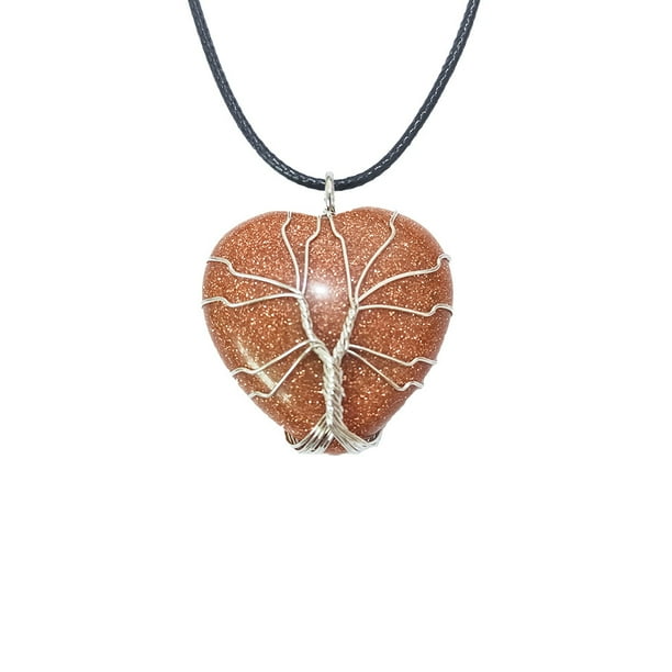 Zhuge Collar con colgante de árbol de la vida, joyería, colgante de plata, cuerda manual, corazón de melocotón, piedra natural, corazón, cristal, collar de árbol de la vida (oro)