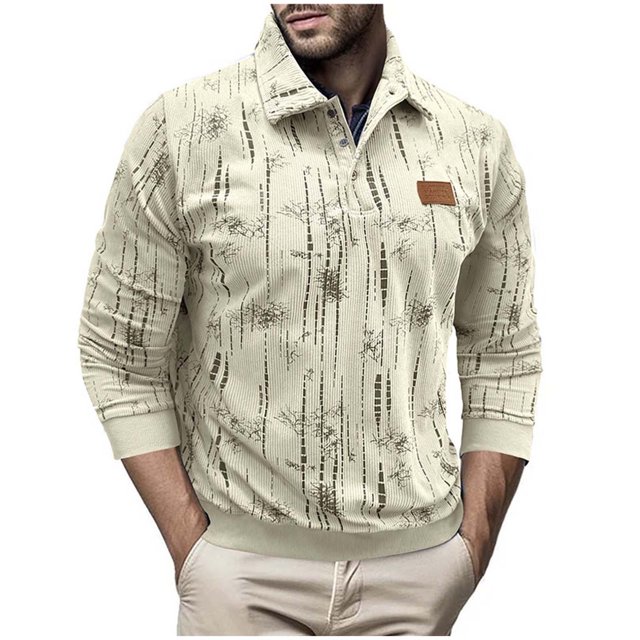 Long Sleeve Workout Top Men Solid Button Half Cardigan Flip Collar Leather Label