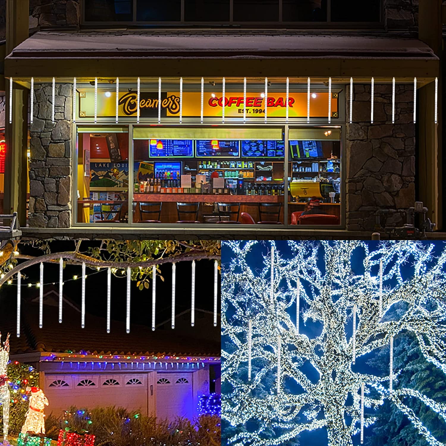 Christmas Lights Outdoor, Meteor Shower Falling Rain Lights 10cm 10 Tube 200 LED Icicle Cascading Lights for Xmas Tree Wedding Party Decoration, White