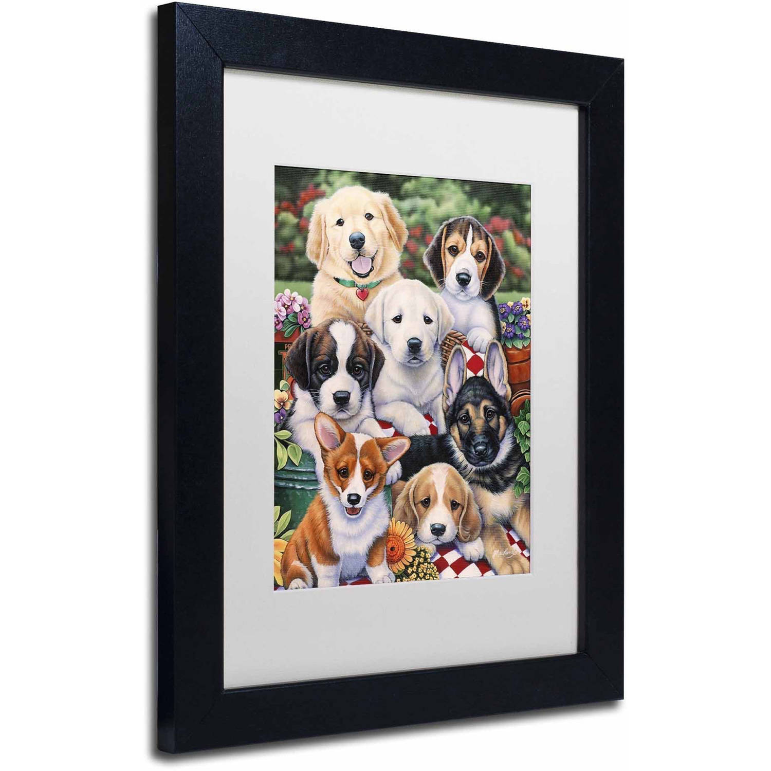 Trademark Fine Art 'Garden Puppies' Canvas Art by Jenny Newland, White Matte, Black Frame