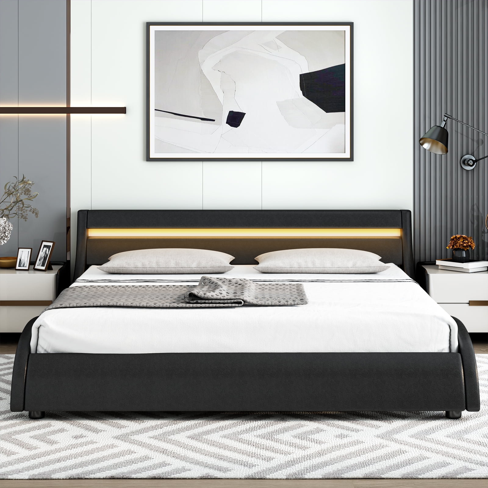 BED FRAME Platform Faux Leather Upholstered Headboard Bedroom Multi Size Color 