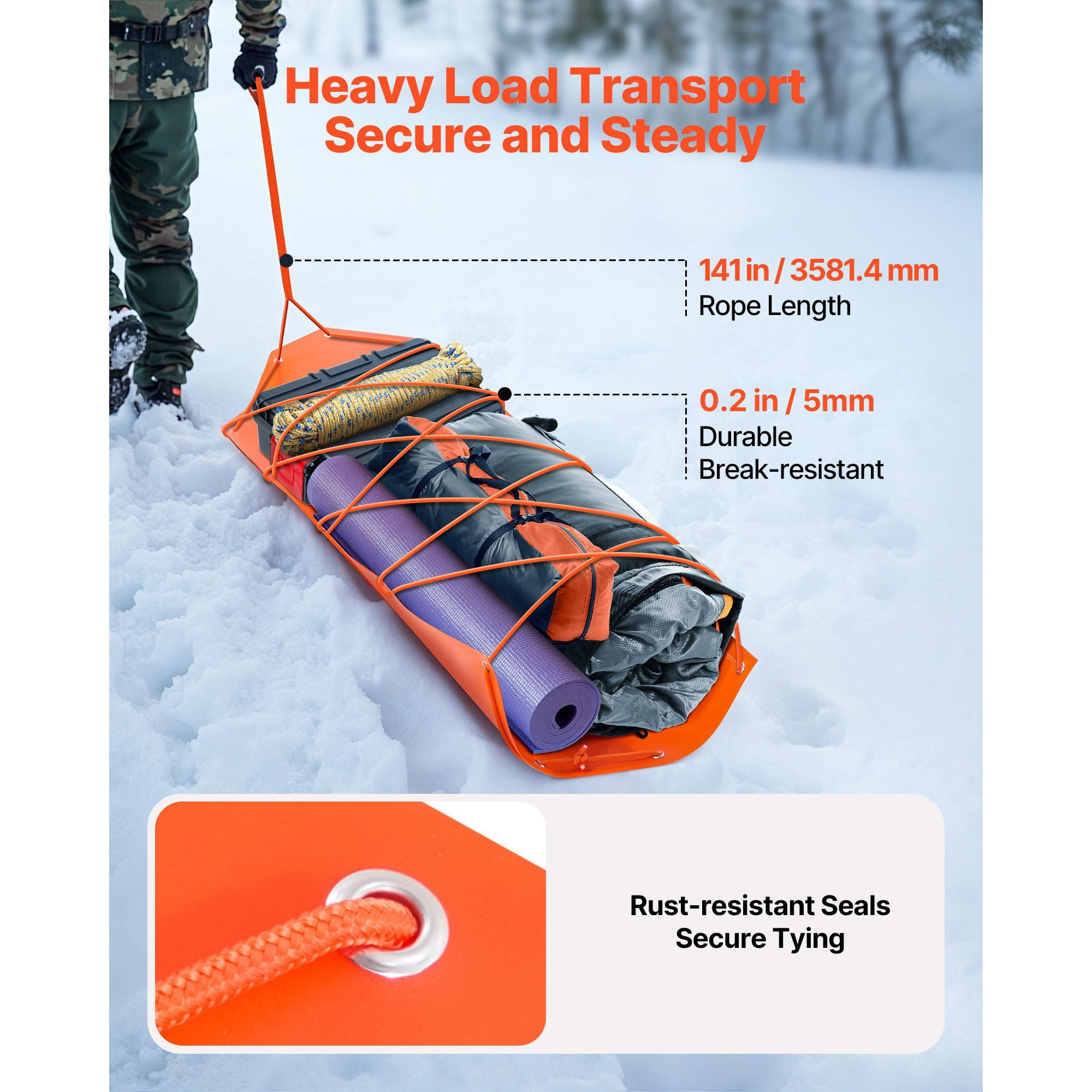 Yard Drag Sled 550 lbs Capacity Heavy-Duty PE 0.05 Inch Thickness 141 Inch Ropes Smooth Surface for Hunting Firewood Camping Gear Hauling