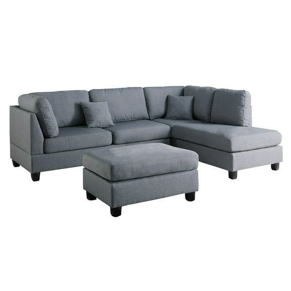 Benjara 35" 3-Piece Modern Wood and Linen Fabric Sectional in Gray