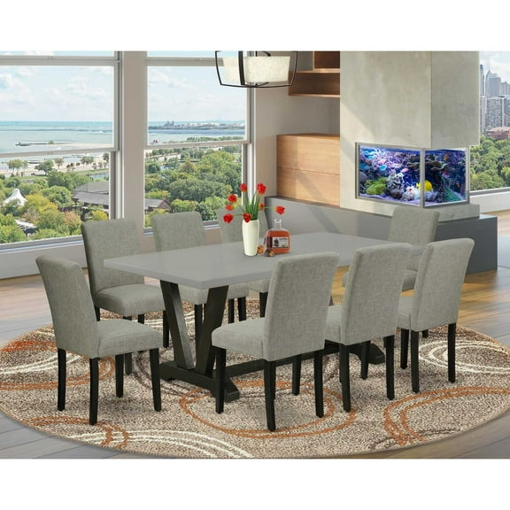 East West Furniture V697AB106-9 9-Pc Dinette Room Set - 8 Kitchen Parson Chairs and 1 Modern Rectangular Cement Kitchen Table Top with High Chair Back - Wire Brushed Black Finish