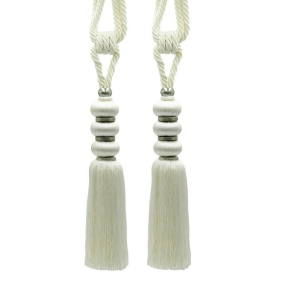 DECOPRO Elegant Curtain & Drapery Tassel Tieback, Contemporary Design, with Silver Metal Accents, Tassel Length 10" (25cm), Spread 26" (66cm) # TBMD10, Pure White #A1 (Bright White) Set of 2