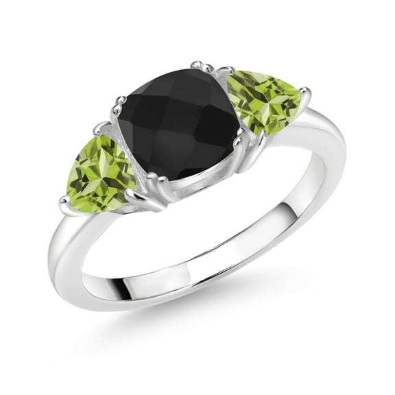 Gem Stone King 925 Sterling Silver Black Onyx and Green Peridot 3 Stone Engagement Ring for Women (2.43 Cttw, Gemstone December Birthstone, Size 6)
