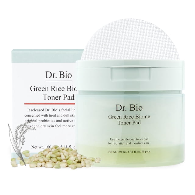 Dr.Bio Green Rice Biome Toner Pad (5.54oz/60 Pads) con exfoliante probiótico Elimina puntos negros y puntos blancos Piel radiante Almohadilla de doble cara para pieles sensibles Cuidado de la piel veg