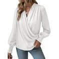 thumbnail image 4 of Hibeli Women Satin Silky Draped Wrap V Neck Ruched Puff Long Sleeve Top, 4 of 6