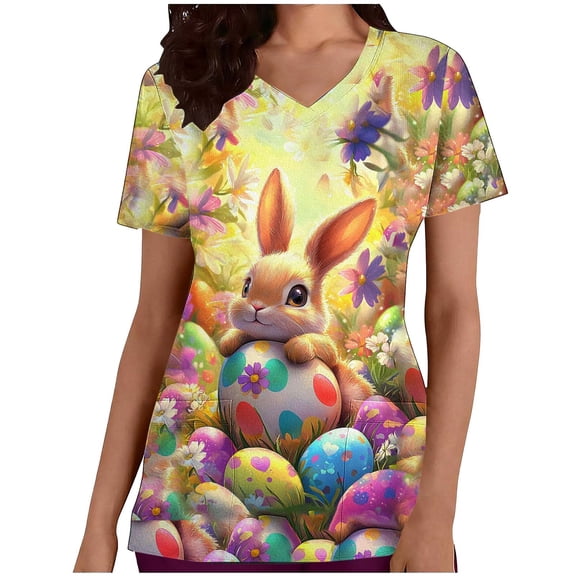 Easter Day Tshirt Women,Easter Scrub Tops Women Bunny Egg Hunt Print Medical Scrubs Top Stretchy Plus Size V Neck Short Sleeve Nurse Uniforms,Summer Blouses for Women Dressy Casual