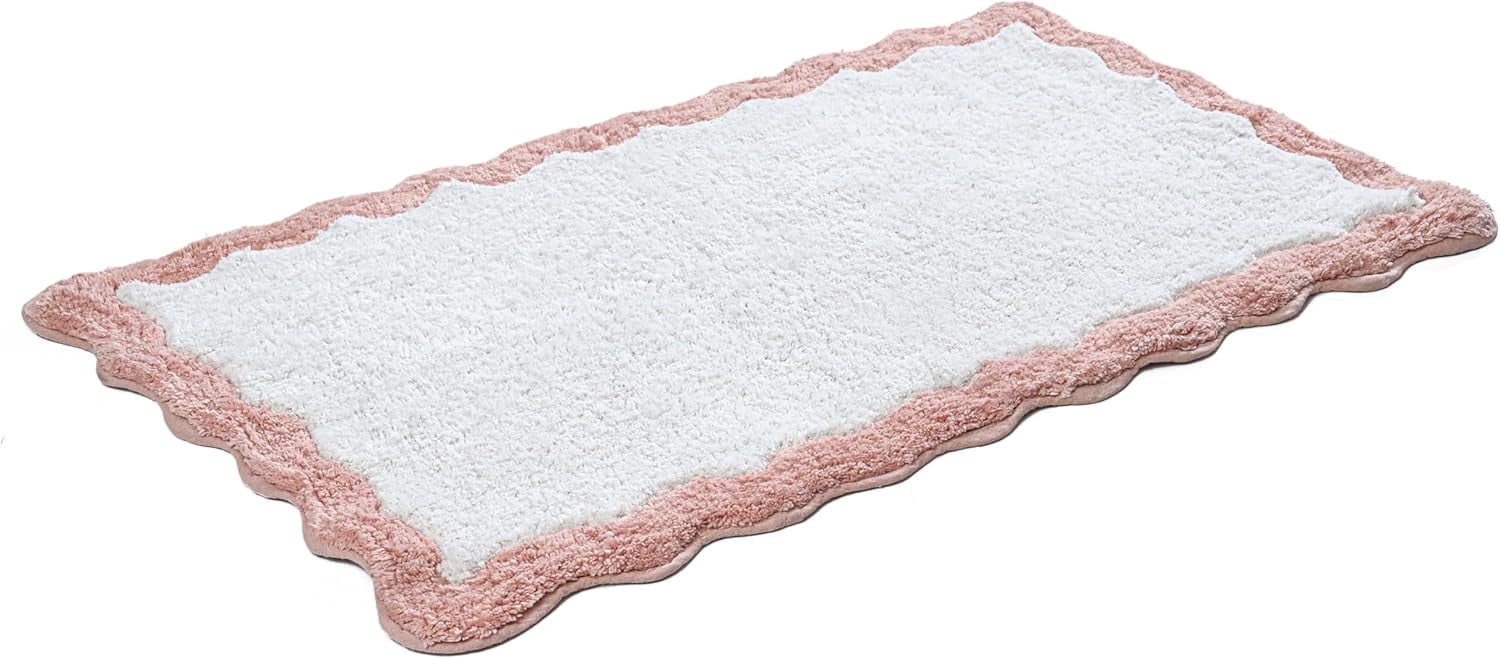 Savi Home Cotton Scalloped Bath Mat with Anti-Skid Backing, Blush Pink, 20" x 32"