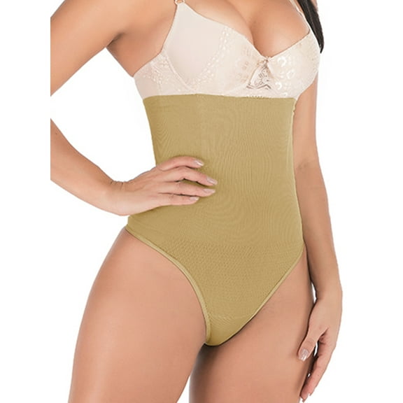 SHCKE Women's High Waist Thong Shapewear Seamless Underwear Tummy Control Thong Body Shaper Slimmer Girdle Apricot