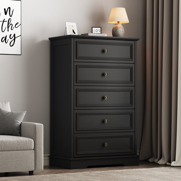 5 Drawer Dresser, Wood Chest of Drawers for Bedroom, Vintage Storage Cabinet Dresser Organizer Unit with Antique Bronze Round Handles for Living Room, Closet, Hallway, Entryway