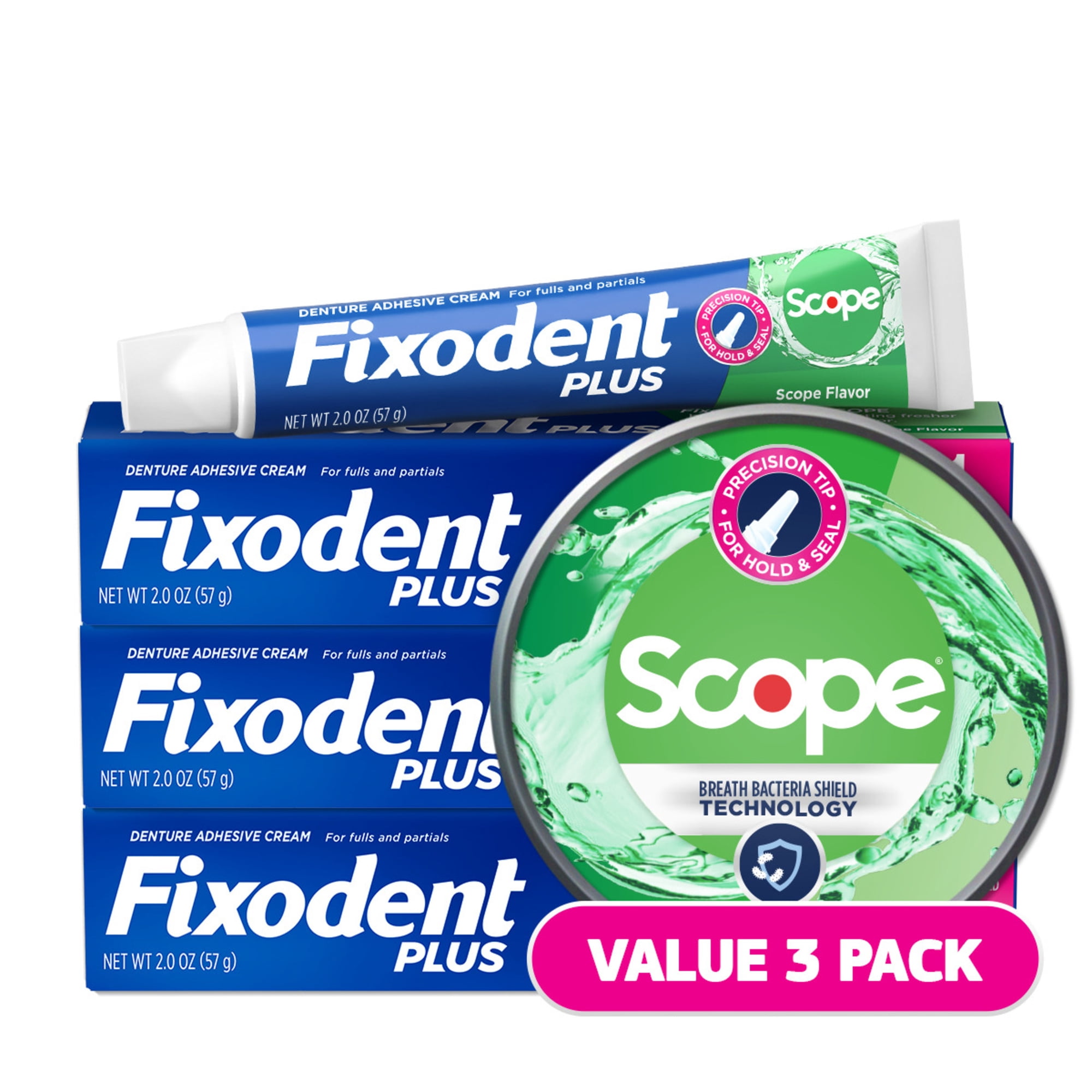 Fixodent Plus Scope Denture Adhesive Cream, Precision Hold, 2 oz, 3 Pack Tubes