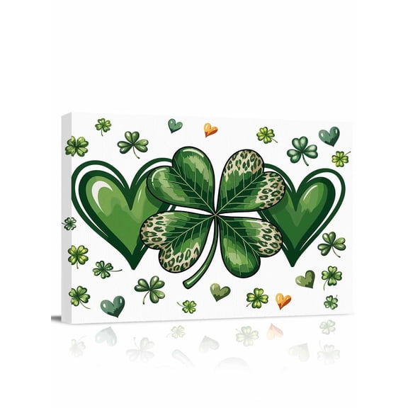 Saint Patrick's Day Canvas Print Wall Art Watercolor Green Leopard Shamrocks Love Pictures Painting Morden Artwork for Living Room Bedroom, Ready to Hang - 12"x16"