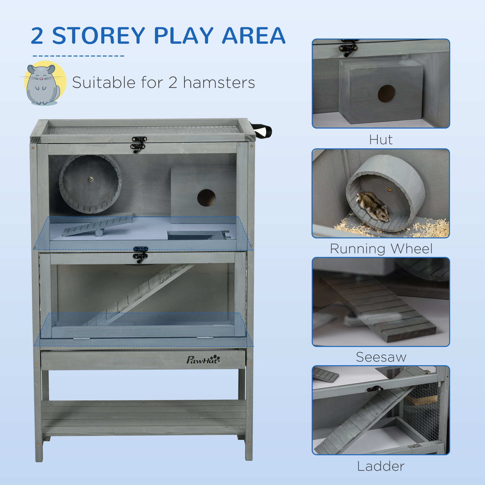 Wooden Hamster Cage with Storage Shelf, Large Hamster Cage Including Seesaw, Small Animal Cage with Sliding Tray, Wide Ramp for Racing, Running Wheel, 35.5" H