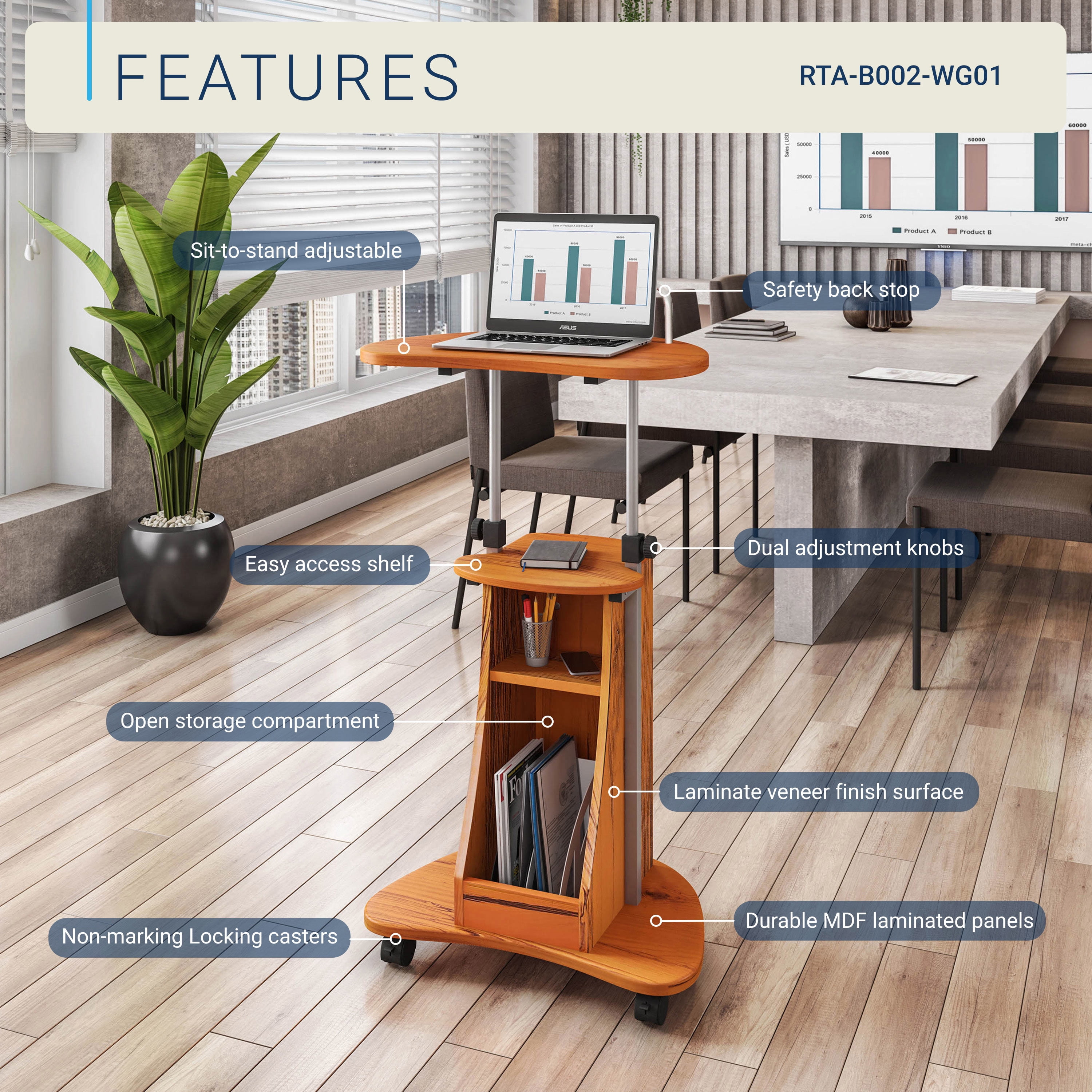 Sit-to-Stand Rolling Adjustable Height Laptop Cart with Storage Accessory Shelf, 28-43in Height Lockable Casters Moisture Resistant MDF Mobile Workstation